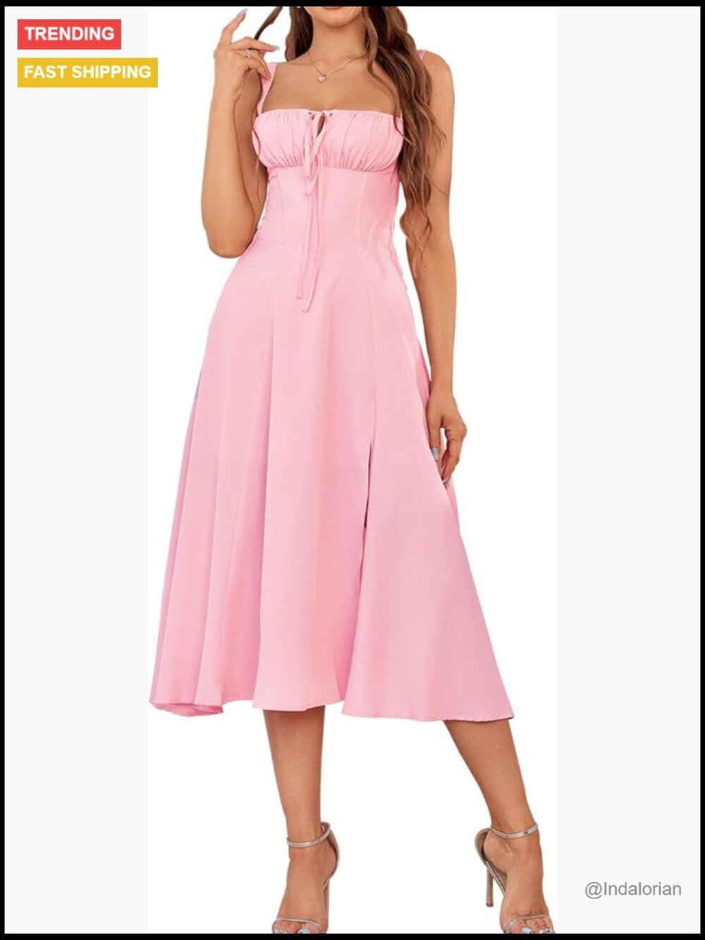 Polyester Spandex Corset Midi Dress Lace Up Back Slit Casual Sundress